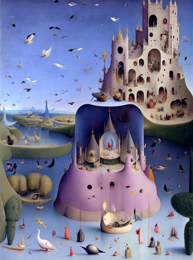 Surreal painting of whimsical landscape with floating islands and birds