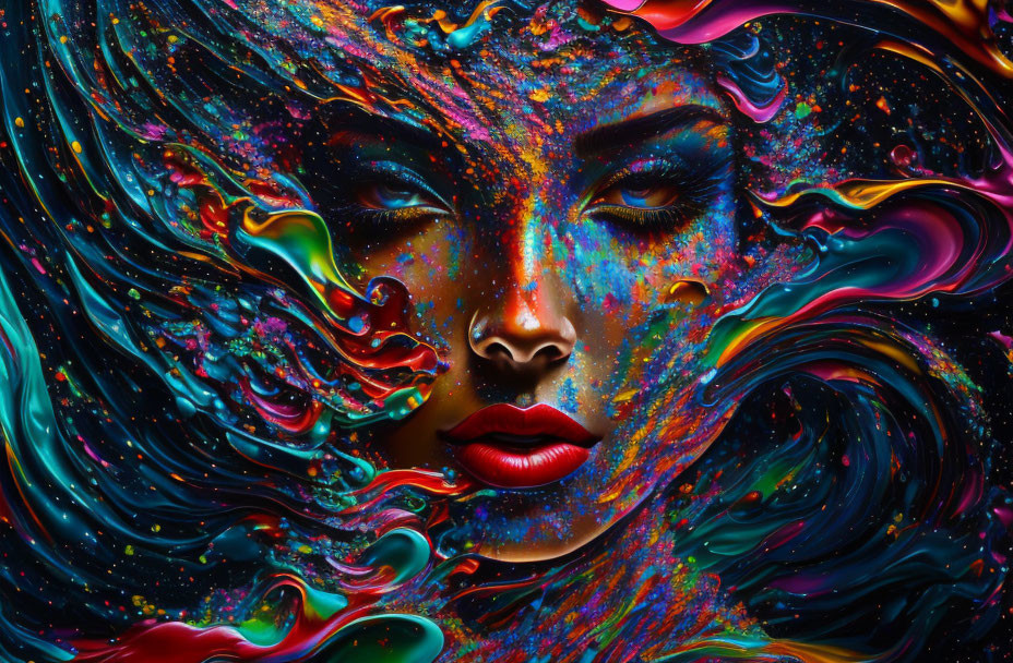 Colorful Abstract Artwork: Woman's Face in Cosmic Swirls
