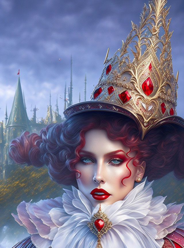 Regal woman with blue eyes and golden crown in front of fantasy castle