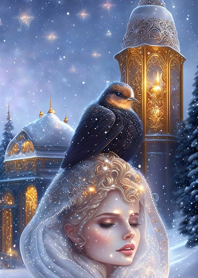 Illustration of lady with glowing hair and bird on lantern in snowy night.
