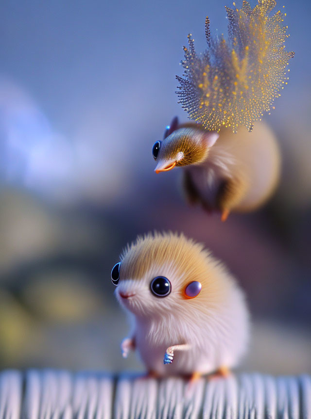 Whimsical toy creatures with fluffy bodies and large eyes on blurred background