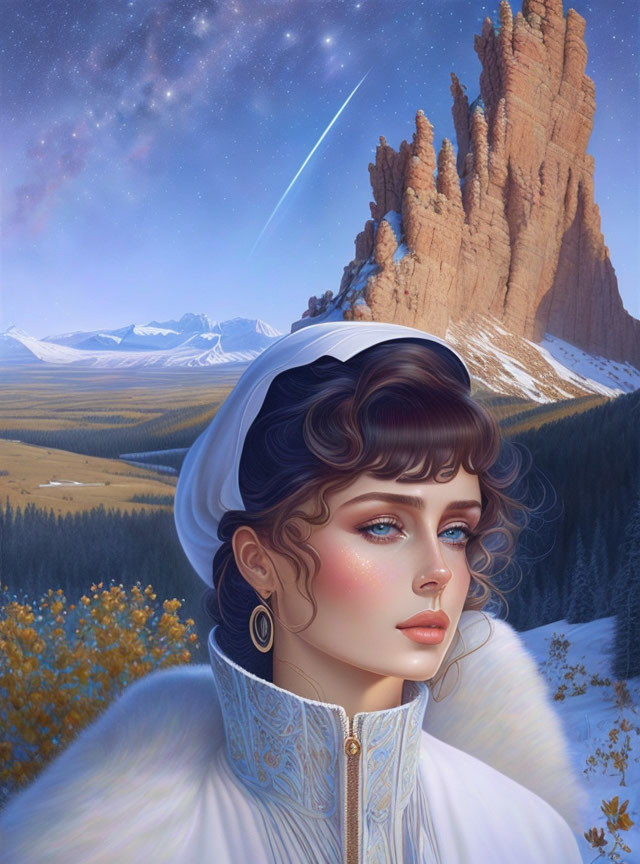 Digital Artwork: Woman with Blue Eyes in White Garment, Snowy Landscape