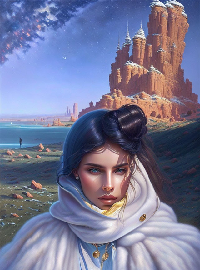 Dark-haired woman in white with golden brooch, surreal landscape backdrop