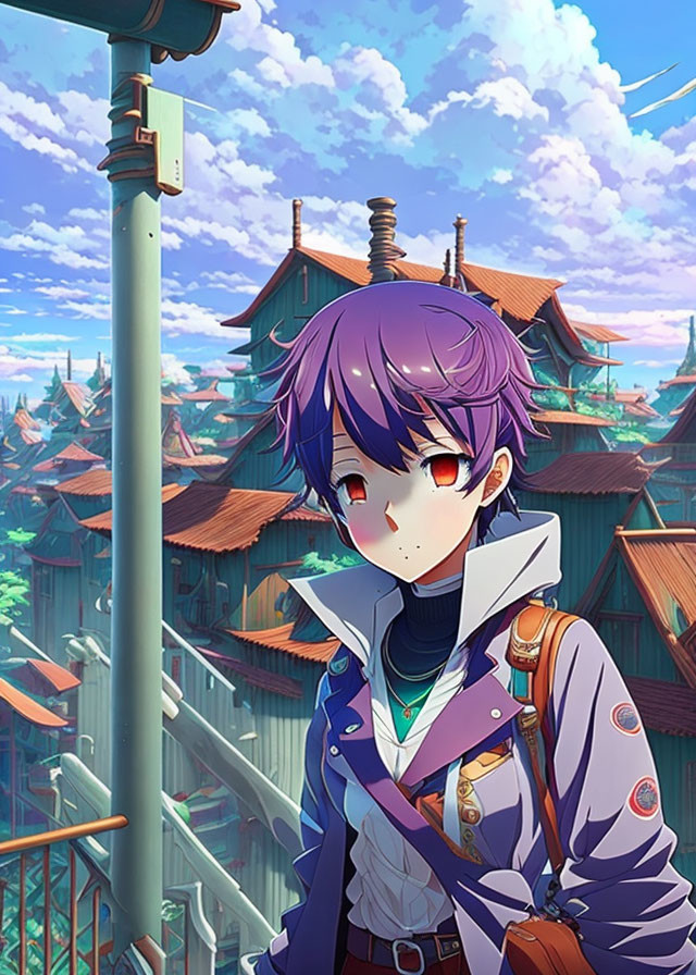 Purple-haired anime character in vibrant village scenery