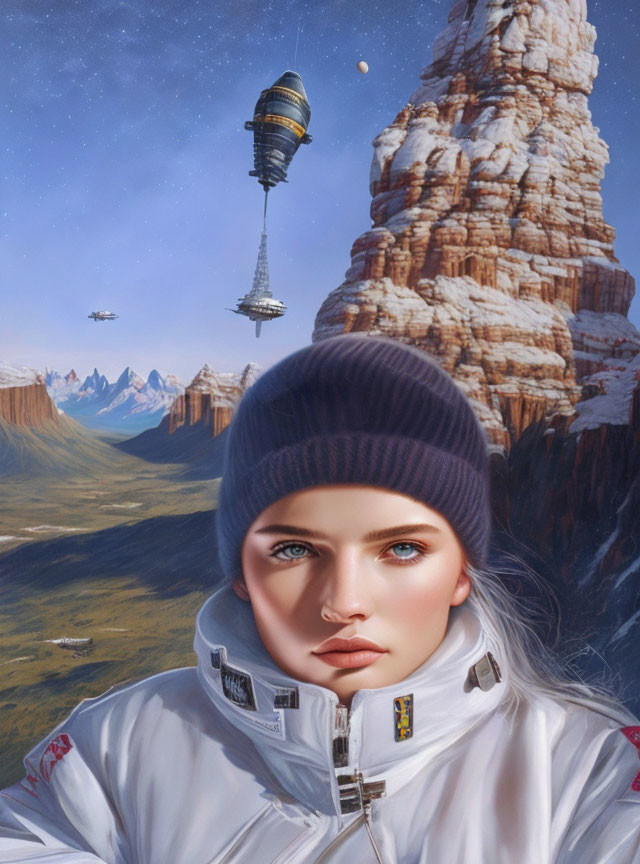 Person in beanie and space suit with futuristic backdrop on rocky terrain