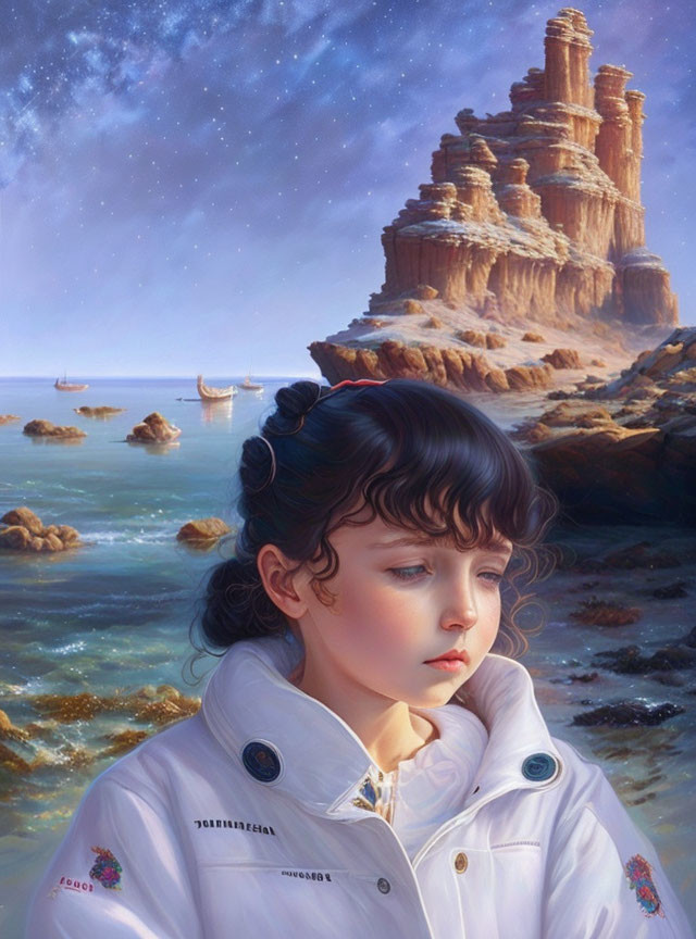 Dark-haired girl in white jacket gazes at seascape with rock formations and starry sky