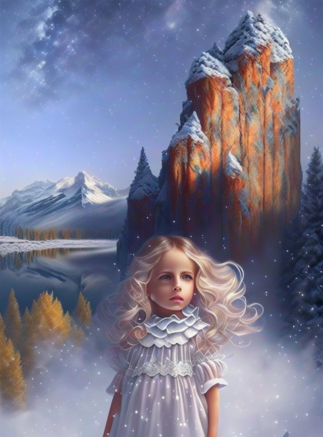 Curly Blonde Girl in White Dress in Snowy Fantasy Landscape