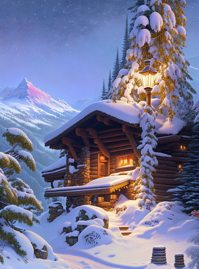 Snowy landscape with cozy log cabin and starry night sky