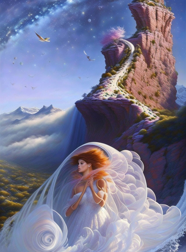 Fantasy landscape with fairy, cliff, waterfall, and mountains
