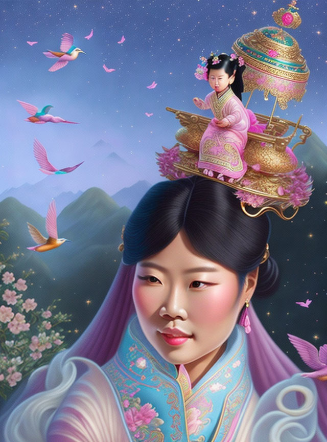 Digital artwork: Woman in East Asian attire with fantasy background of birds, stars, and flowers
