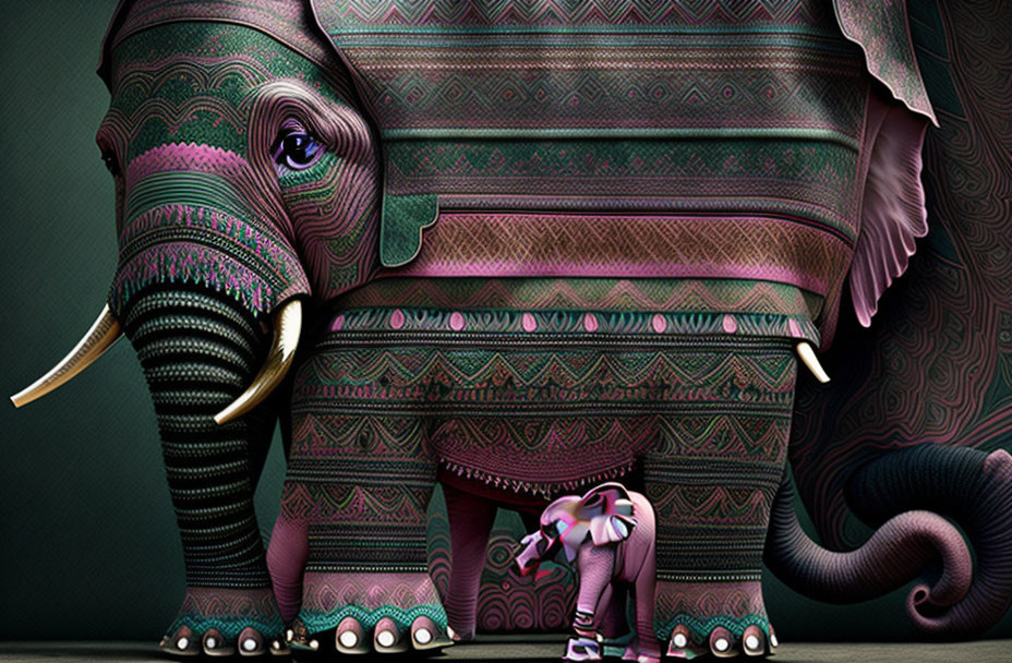 Intricately patterned elephant with miniature version on dark background