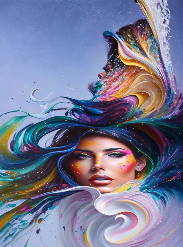 Colorful abstract portrait blending woman with cosmic motifs