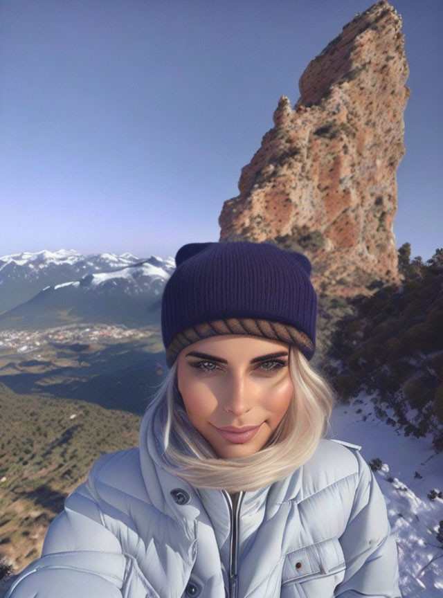 Person in winter hat and white jacket taking selfie with snow-covered mountainous landscape and towering rock formation.