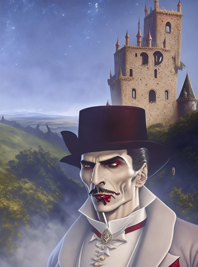 Vampire with sharp fangs in top hat, spooky castle in misty landscape