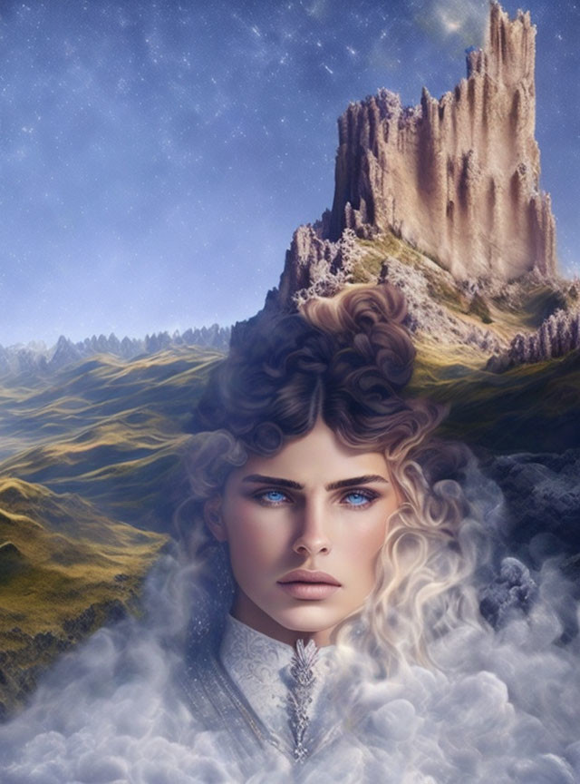 Surreal portrait of woman with blue eyes and curly hair in misty landscape with castle and star