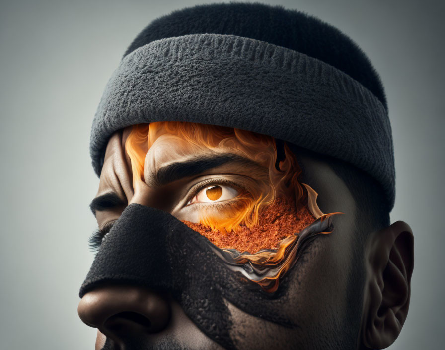 Man with fiery eye, black bandana, and beanie in conceptual image