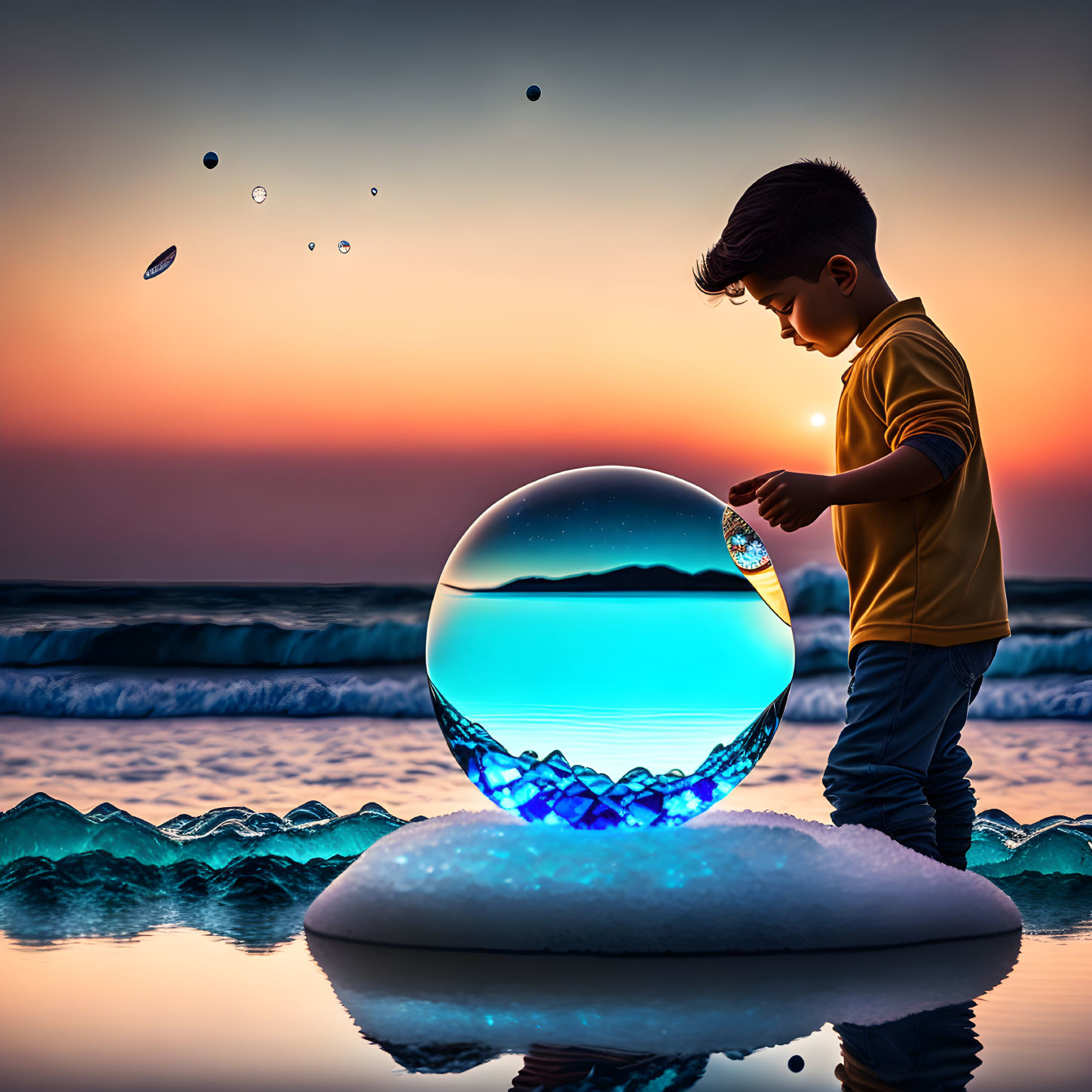 Boy on beach gazes at large transparent orb with mini ocean inside at sunset
