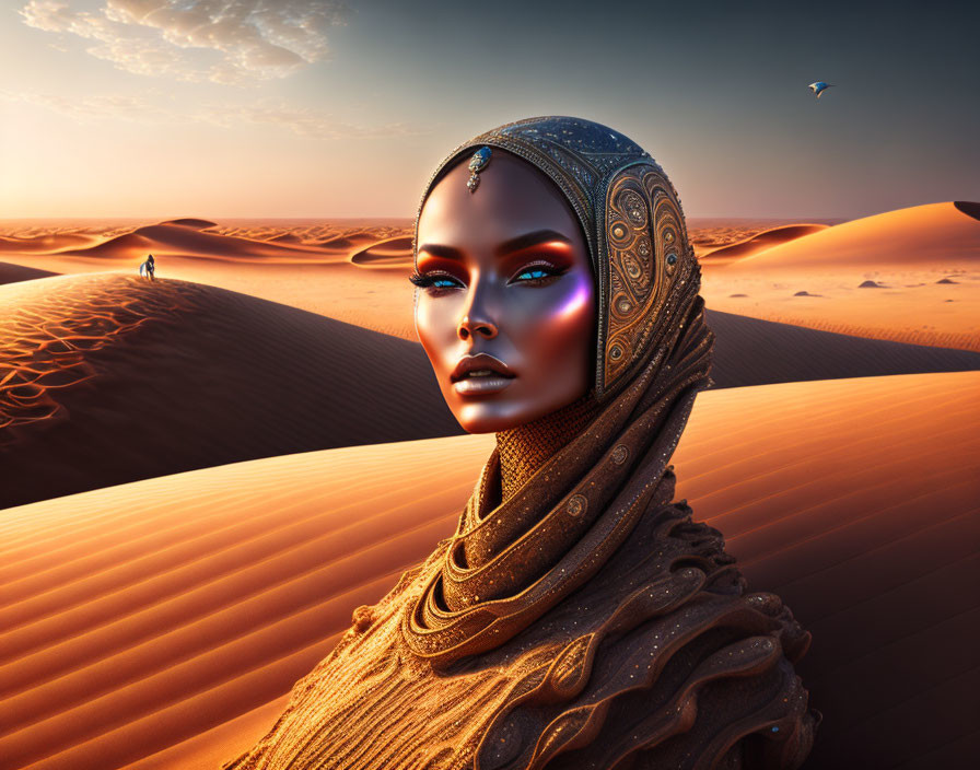 Stylized female figure with elaborate headwear in desert landscape