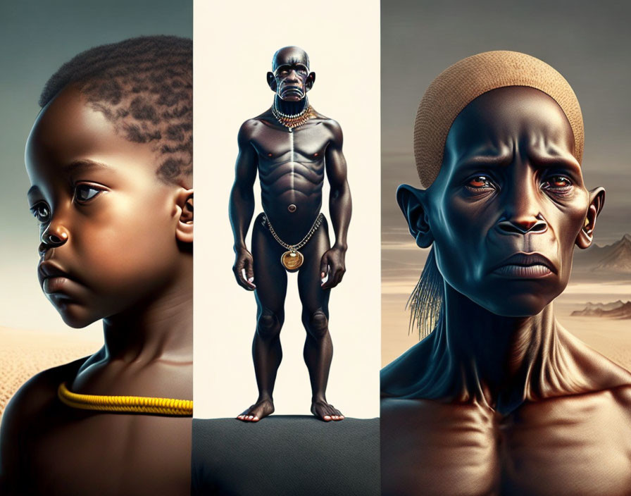Stylized portraits of African individuals in various age groups against desert backdrops
