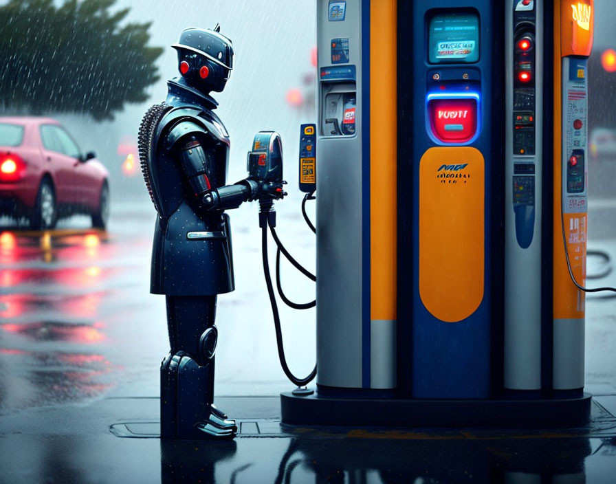Robot in Blue Jacket Pumping Gas at Rainy Fuel Station