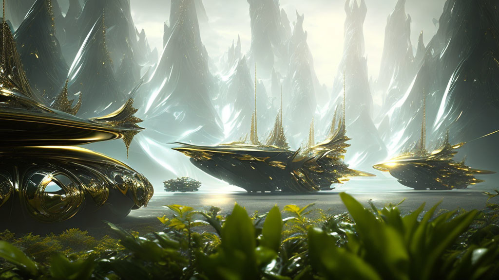 Alien landscape with towering spires and organic ships in misty setting