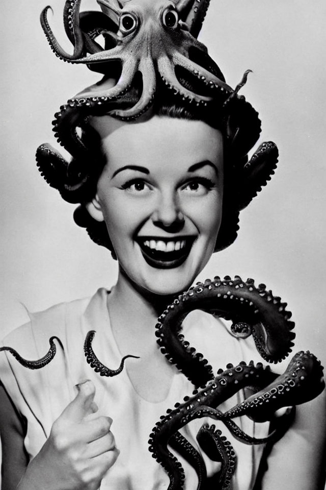 Monochrome image: Smiling woman with octopus on head