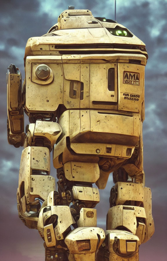 Weathered robot with mechanical joints and armor plating under cloudy sky with green light and "AM1