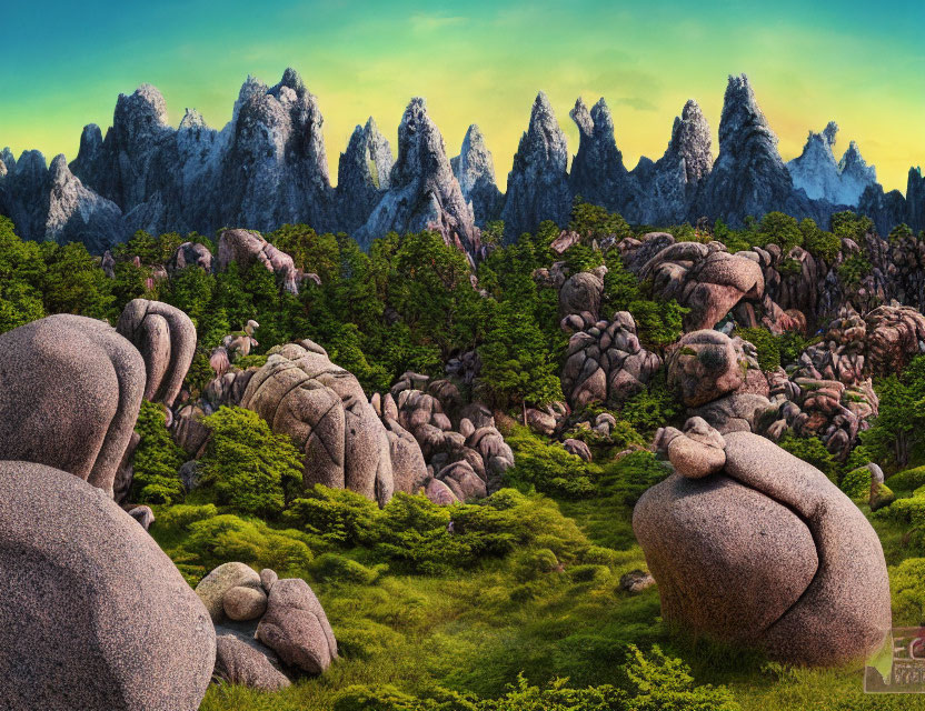 Rocky hills and jagged mountain peaks in lush green landscape