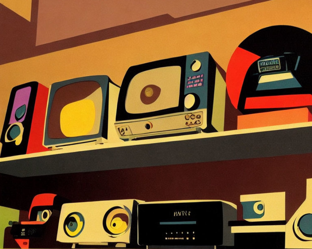 Colorful Retro Illustration of Vintage TVs & Radios on Shelves