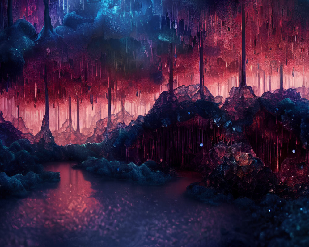 Mystical Cave with Glowing Structures and Serene Water Body