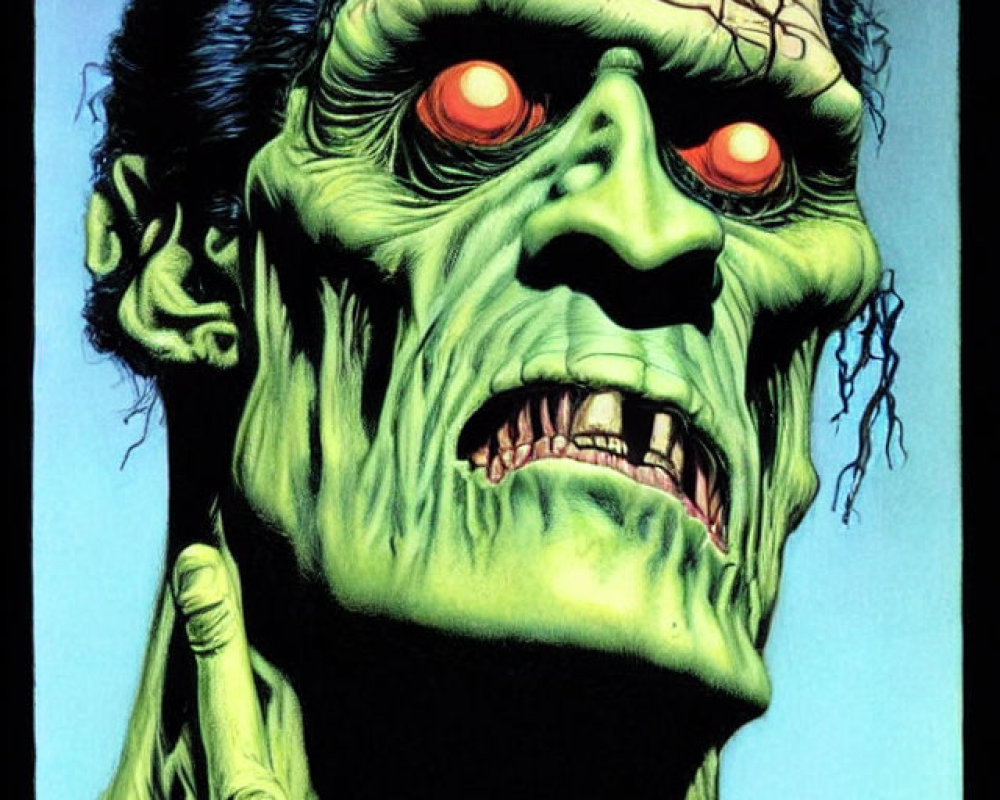Green-skinned creature with red eyes and stitches, reminiscent of Frankenstein's monster.