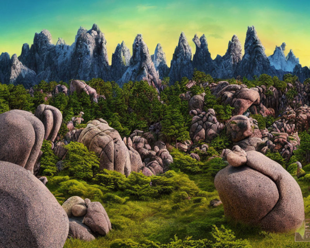 Rocky hills and jagged mountain peaks in lush green landscape
