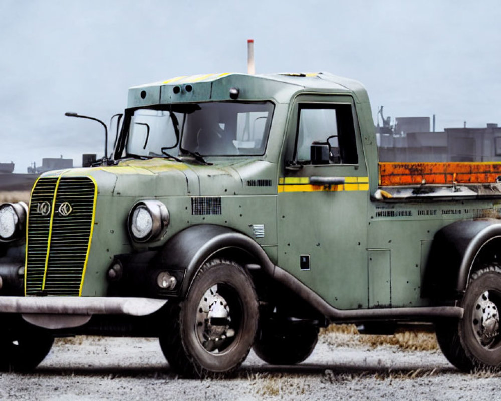 Vintage Green Truck with Dual Headlights and Orange Stripe in Gray Landscape