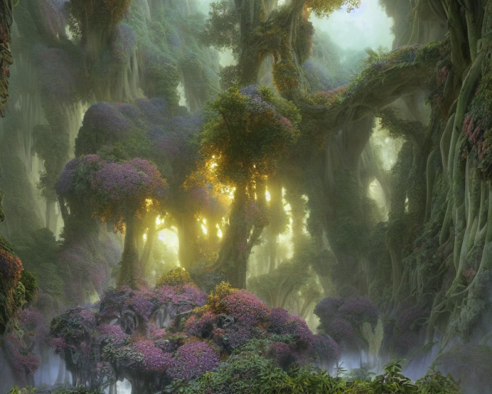 Enchanting forest with glowing lights, mist, purple foliage, moss-covered ancient trees