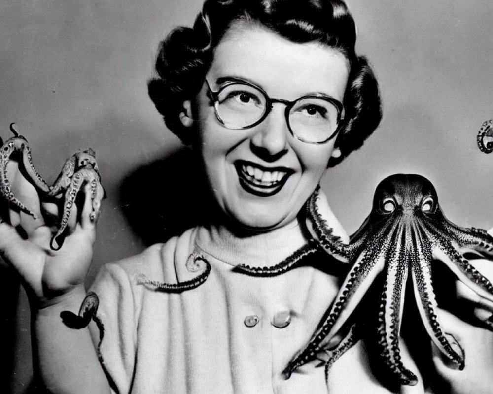 Vintage round glasses woman with 1950s hairstyle and octopus tentacles pose humorously