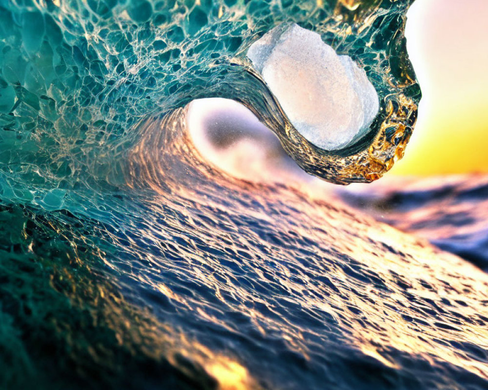 Close-up of vibrant wave interior with sunlight filtering through