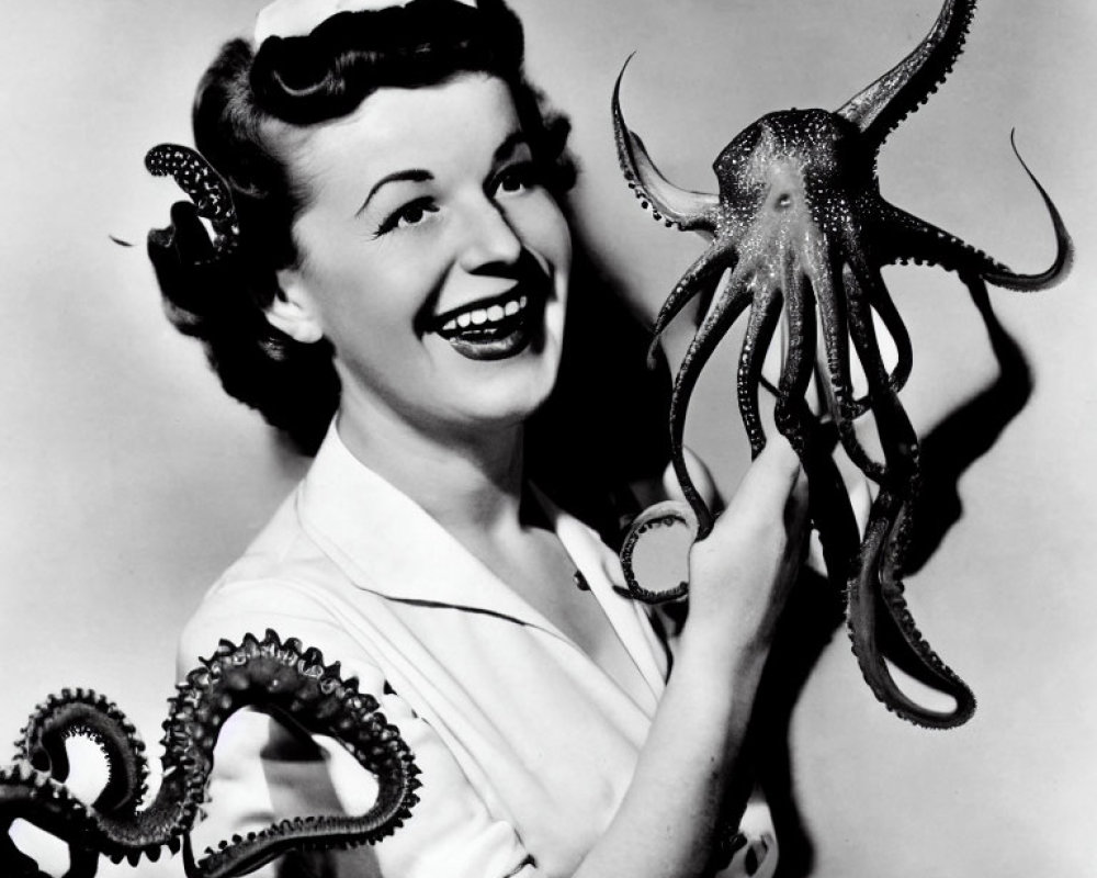 Vintage nurse outfit woman with octopus on head pose