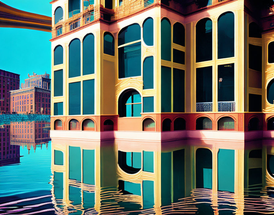 Vibrant Building Facade with Arched Windows Reflected on Water