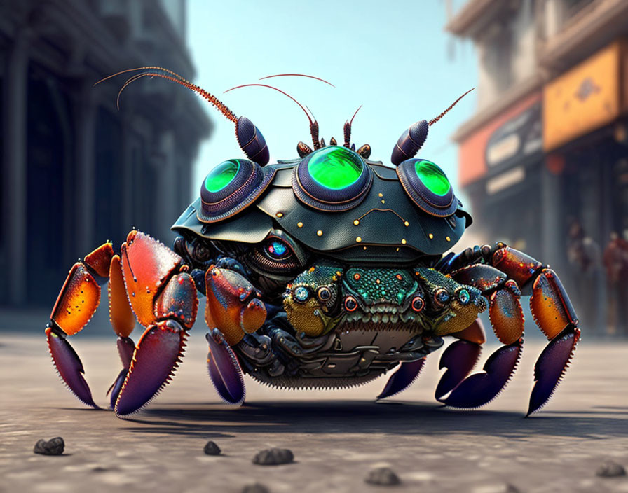 Colorful Mechanical Crab with Multiple Eyes in Urban Setting
