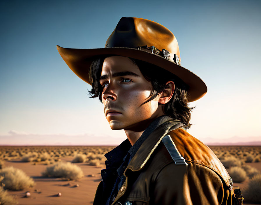 Dark-haired young man in cowboy hat and leather jacket in desert scene