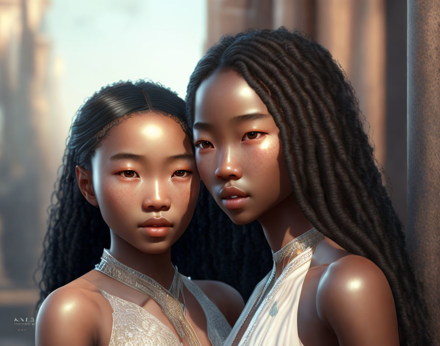 Detailed digital artwork of two girls with braided hair in warm, golden light between columns