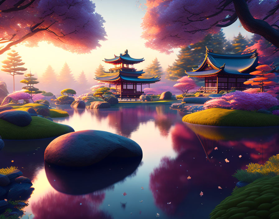 Tranquil Asian landscape with cherry blossoms and serene lake