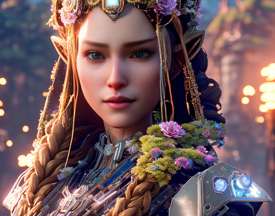 Digital artwork: Elf with braided hair, floral crown, futuristic armor in bokeh light.