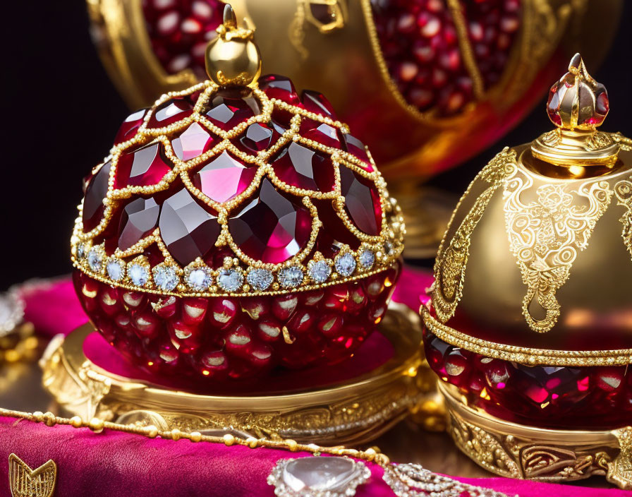 Exquisite Red and Gold Jeweled Eggs with Crystals on Burgundy Fabric