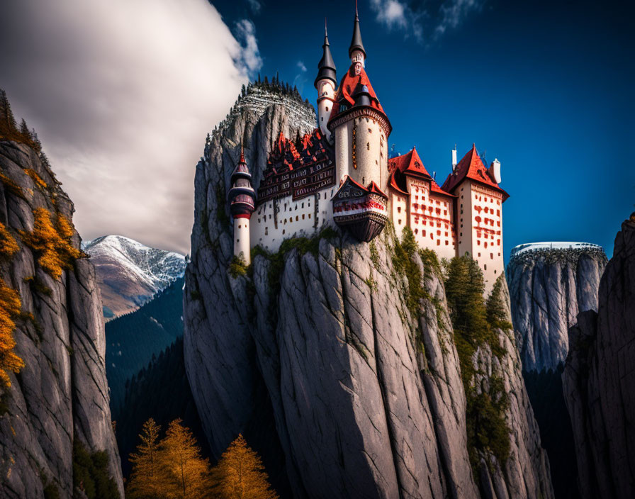 Majestic castle on steep cliff with red and white towers amid autumn trees and snowy mountains.