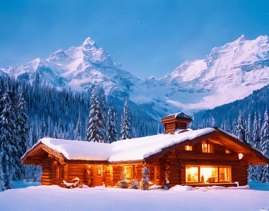 Snowy landscape: Cozy log cabin with lit windows, starry night sky