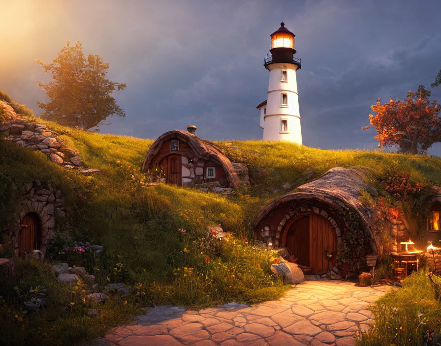 Fantasy illustration of quaint village with hobbit-like homes and tall lighthouse at sunset