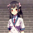 Anime girl with black hair, pink bows, red eyes, white school uniform, and red tie.