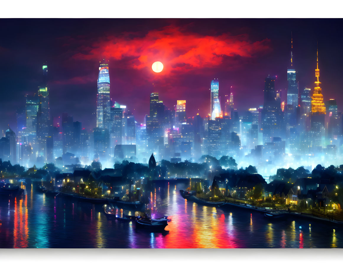 Night city skyline with red moon, mist, and glowing skyscrapers