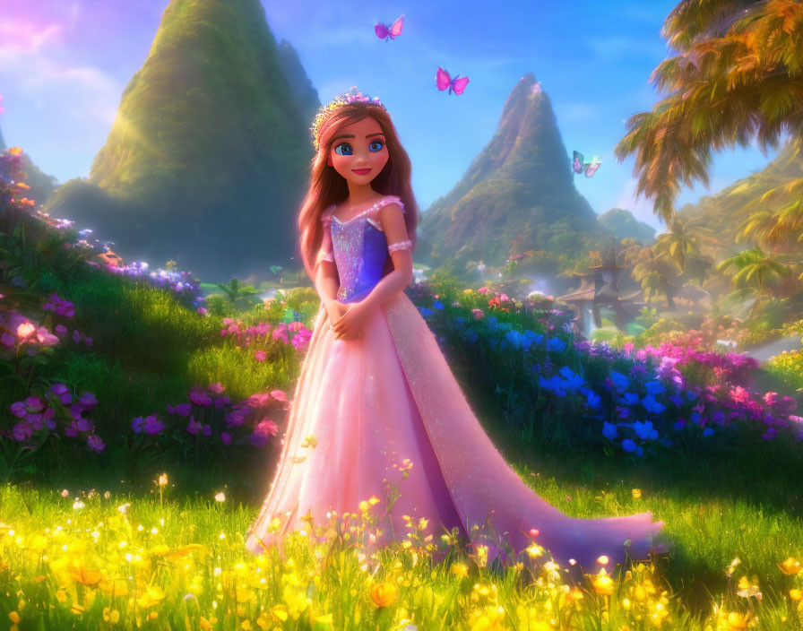 Animated princess in pink dress in lush meadow with butterflies and flowers